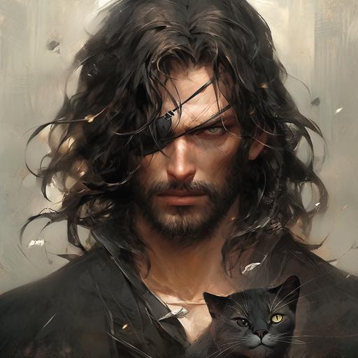 tall, broad-shouldered one-eyed man who looks like a cat, cat ears made of hair, superbly muscled, long whiskers, mane of black hair, broken nose, eye patch, artwork by Bastien Lecouffe-Deharme --niji 5 --q 2