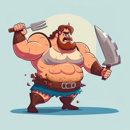 tall knight   broad-shouldered  muscular   shaggy brown hair   thick beard   square jaw   eating big piece of meat   flat cartoon style