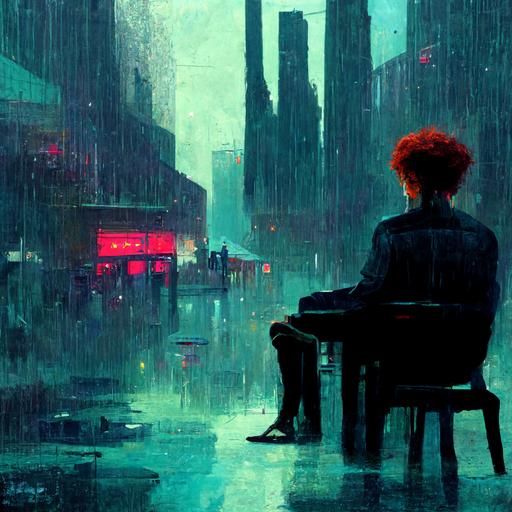 tall man head down red hair sitting on the floor and playing electric guitar blade runner aesthetic tears in the rain