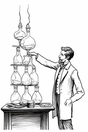 tall man pouring liquid into beaker, apothecary, pharmacist, vintage, cartoon, classic, line drawing, simple --ar 2:3