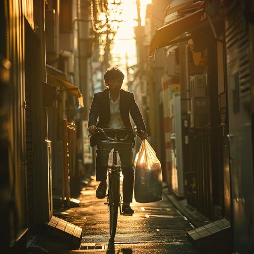 tall, skinny, Asian man wearing a suit, riding a bicycle, delivering food in a bag, in an alley, golden hour, cinematic --ar 1:1