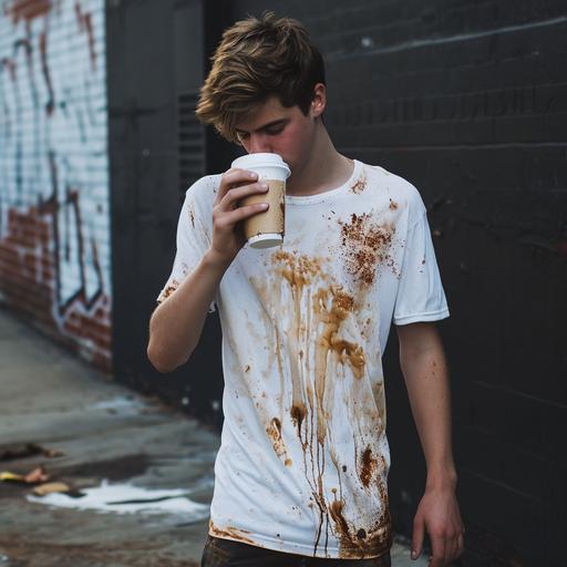 tall thin young man in a white shirt, covered and stained with spilled coffee he is drinking from a Styrofoam cup, walking on the sidewalk background --v 6.0