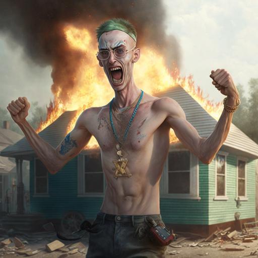 tall white skinny guy with a dollar sign gold chain celebrating his house burning down, pixar, hyperrealistic