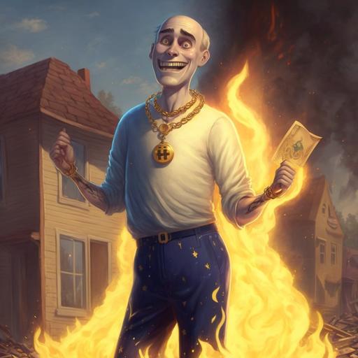 tall white skinny guy with a dollar sign gold chain celebrating his house burning down, pixar, hyperrealistic
