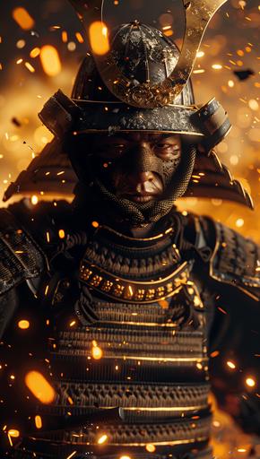 Photorealistic wide shot of the face and upper body of an ancient Japanese samurai wearing full armor with gold accents. Golden glowing lights all around him with dramatic lighting. Fire sparks in the background with a cinematic and dark style. Shot with a 24mm lens in the style of a film. --ar 43:76 --s 50