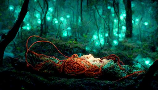 tamla kari wrapped in bioluminescent coral and cables in a forest, --ar 16:9