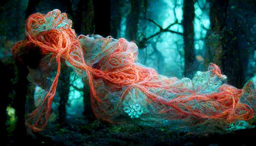 tamla kari wrapped in bioluminescent coral and cables in a forest, --ar 16:9
