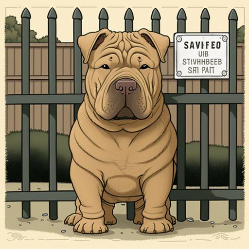 tan colored shar-pei dog cartoon image wearing a security badge standing guard inside a fenced in yard with other dogs on the outside of the fence