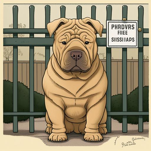 tan colored shar-pei dog cartoon image wearing a security badge standing guard inside a fenced in yard with other dogs on the outside of the fence