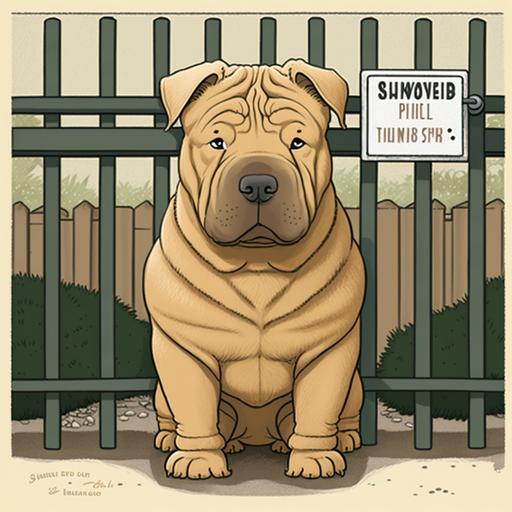 tan colored shar-pei dog cartoon image wearing a security badge standing guard inside a fenced in yard with other dogs on the outside of the fence