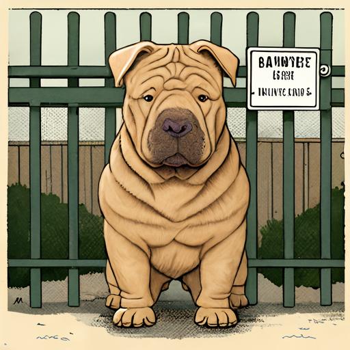 tan colored shar-pei dog cartoon image wearing a security badge standing guard inside a fenced in yard with other dogs on the outside of the fence