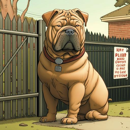 tan colored shar-pei dog cartoon image wearing a security badge standing guard inside a fenced in yard with other dogs on the outside of the fence