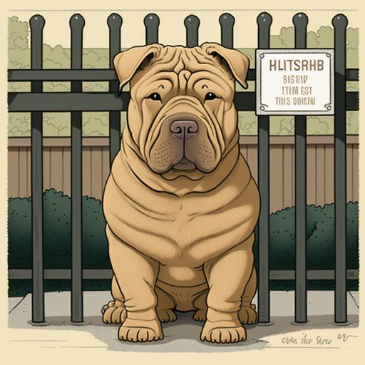 tan colored shar-pei dog cartoon image wearing a security badge standing guard inside a fenced in yard with other dogs on the outside of the fence