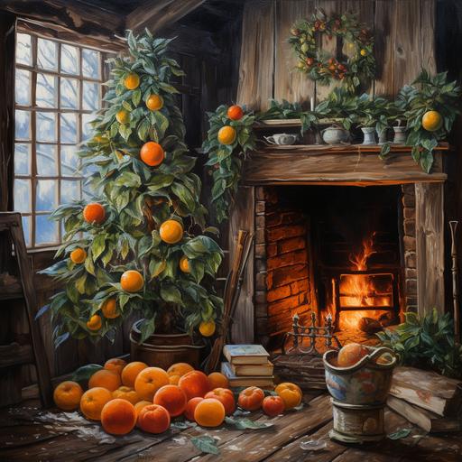 tangerines, new year, Christmas tree, fireplace, Wooden log house, Christmas aesthetic, wooden log house environment, winter aesthetic, oil painting, surreal