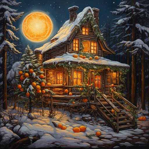 tangerines, new year, Christmas tree, fireplace, Wooden log house, Christmas aesthetic, wooden log house environment, winter aesthetic, oil painting, surreal