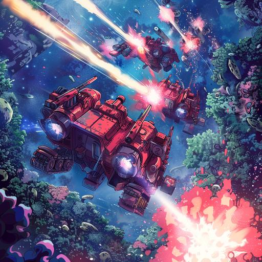 tanks girls first person view, blaster master I. the airwith double cannons pointed at a Dendrobiumsous alien plant, muzzle pop, critical hit
