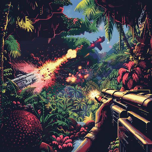 tanks girls first person view, blaster master I. the airwith double cannons pointed at a Dendrobiumsous alien plant, muzzle pop, critical hit