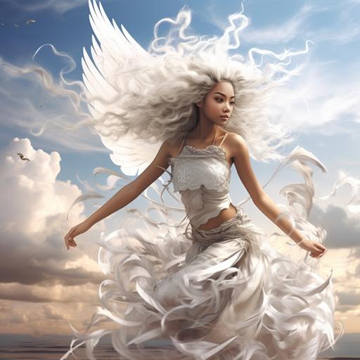 tanned happy playful air nymph with beautiful white wings, white fluffy hair, clouds, windy, silver skin markings, fantasy, playful, fun, magical, dancing on the clouds
