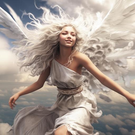 tanned happy playful air nymph with beautiful white wings, white fluffy hair, clouds, windy, silver skin markings, fantasy, playful, fun, magical, dancing on the clouds