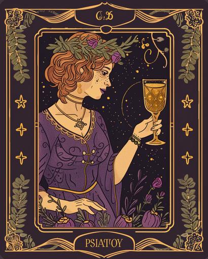 /tarot card frame feminist style ilustrated purple style , caracter with beer on hand, no image at the center of the card, --style raw --ar 4:5 --v 6.0