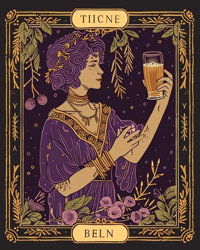 /tarot card frame feminist style ilustrated purple style , caracter with beer on hand, no image at the center of the card, --ar 4:5 --style raw