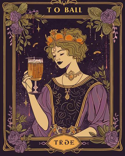 /tarot card frame feminist style ilustrated purple style , caracter with beer on hand, no image at the center of the card, --ar 4:5 --style raw