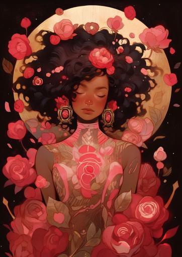 tarot card, half body, goddess of beauty, young woman, dark warm skin, short curly pink hair, pink dress, tattoos, roses, beautiful clothes, gold, beautiful, grainy texture, a character portrait by Victo Ngai, featured on Artstation, in the style of wlop, ilya kuvshinov, tarot card, high detail, art nouveau, vibrant, colorful, green, orange, pink, turquiose, blue, bright, molas textiles, moebius, kilian eng, cyberpunk, neon, gold, pink highlights, magic, fantasy, intricate, highly detailed, sorceress, goddess, --ar 50:70 --niji 5