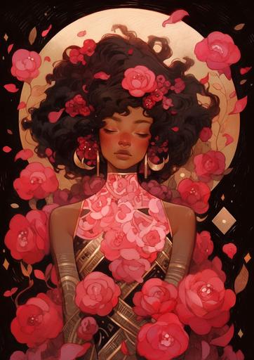 tarot card, half body, goddess of beauty, young woman, dark warm skin, short curly pink hair, pink dress, tattoos, roses, beautiful clothes, gold, beautiful, grainy texture, a character portrait by Victo Ngai, featured on Artstation, in the style of wlop, ilya kuvshinov, tarot card, high detail, art nouveau, vibrant, colorful, green, orange, pink, turquiose, blue, bright, molas textiles, moebius, kilian eng, cyberpunk, neon, gold, pink highlights, magic, fantasy, intricate, highly detailed, sorceress, goddess, --ar 50:70 --niji 5