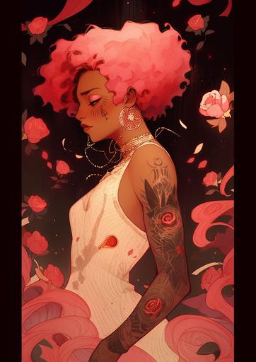 tarot card, half body, goddess of beauty, young woman, dark warm skin, short curly pink hair, pink dress, tattoos, roses, beautiful clothes, gold, beautiful, grainy texture, a character portrait by Victo Ngai, featured on Artstation, in the style of wlop, ilya kuvshinov, tarot card, high detail, art nouveau, vibrant, colorful, green, orange, pink, turquiose, blue, bright, molas textiles, moebius, kilian eng, cyberpunk, neon, gold, pink highlights, magic, fantasy, intricate, highly detailed, sorceress, goddess, --ar 50:70 --niji 5