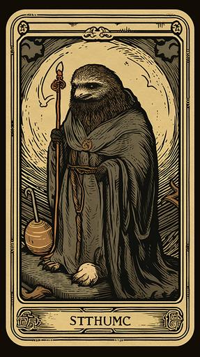 tarot card, sloth wizard, cartoon, very thick lines, thick line draw, darkest dungeon game style, woodcut, muted colors --ar 9:16