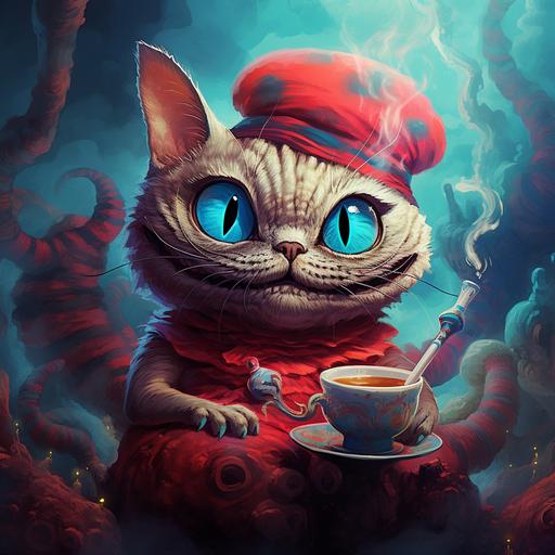Cheshire cat with blue eyes floating behind hookah smoking caterpillar on a red mushroom digital painting