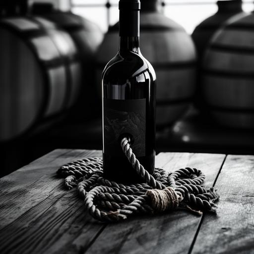 lasso rope hanging on a wine bottle, black and grey photo