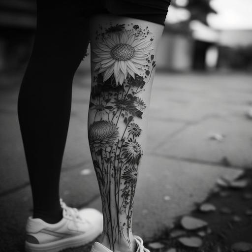 tatoo line Black and White snikes and flowers in leg of women