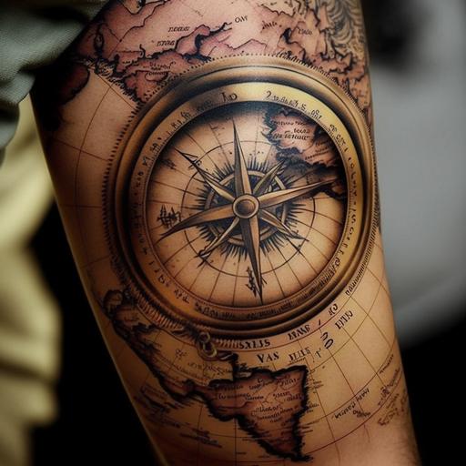 tatoo style, world map with compass