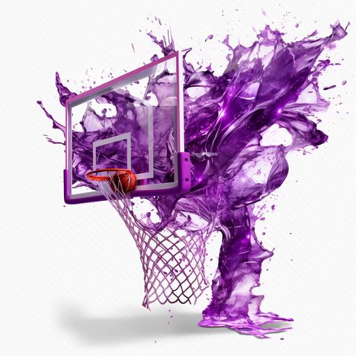 tattered purple basketball goal net on transparent background with basketball halfway down the net