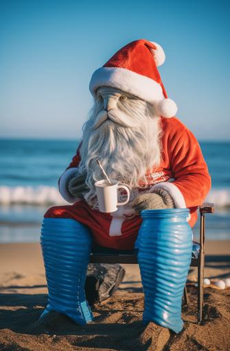a Fish human Dressed of santa claus, Photography 4K, all blue Clothing, blue santa claus beanie, drinking a flap white coffee, Beach background, Day light --ar 21:32