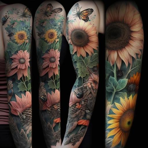 tattoo arm sleeve with sunflowers, daisies, lotus flowers, tulips, butterfly metamorphosis, ladybugs running up the arm over the shoulder to the back from kitsugi vase