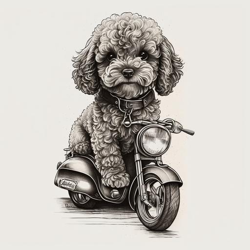 tattoo design, little brown poodle dog, motorcycle, cafe racer