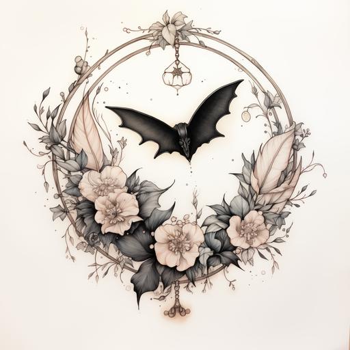 tattoo design with a bat hanging from a crescent moon, flowers go along the rounded side of the moon and underneath the bat, the bat has its wings folded around itself. Tiny mushrooms peak out from behind the crescent moon and there's a moth crawling among the flowers