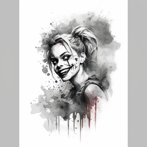 tattoo desing of the face of harley quinn with make up, loocking to the right side, smiling, surrounded by lateral shadows of smoke, chest size, black and grey, high contrasted, in a white din a4 paper, front view