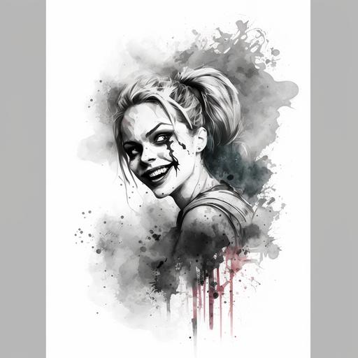 tattoo desing of the face of harley quinn with make up, loocking to the right side, smiling, surrounded by lateral shadows of smoke, chest size, black and grey, high contrasted, in a white din a4 paper, front view