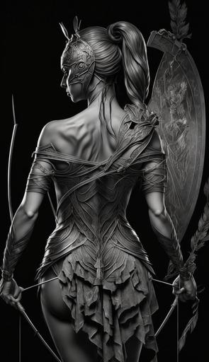tattoo idea. black and gray female spartan. full body. archer. bow and arrows --ar 9:16