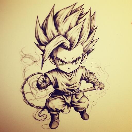 tattoo paper design of child Gohan Super Saiyan 2 fighting against cell anime style