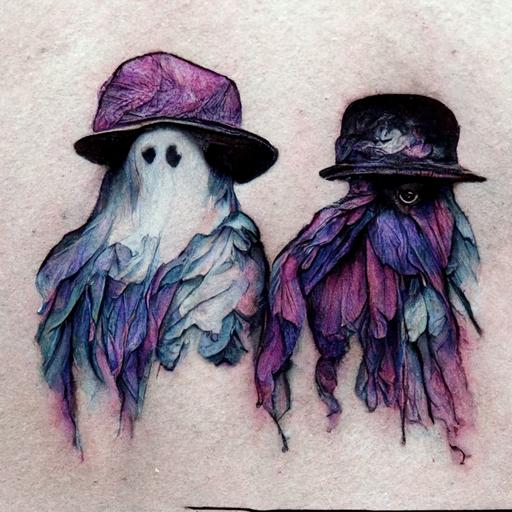 tattoo that looks like a Polaroid picture of two ghosts, one wearing a Gucci bucket hat and the other wearing a purple feather boa