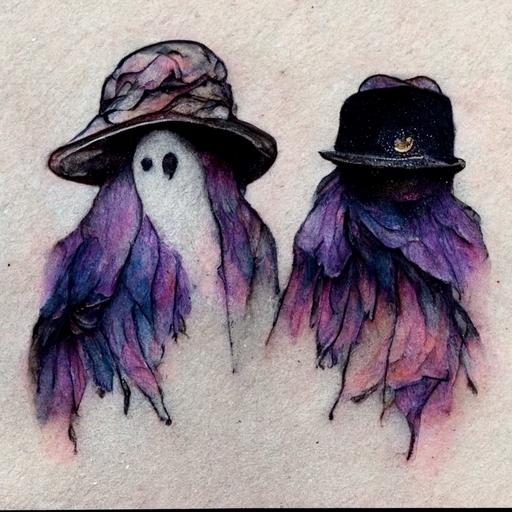 tattoo that looks like a Polaroid picture of two ghosts, one wearing a Gucci bucket hat and the other wearing a purple feather boa