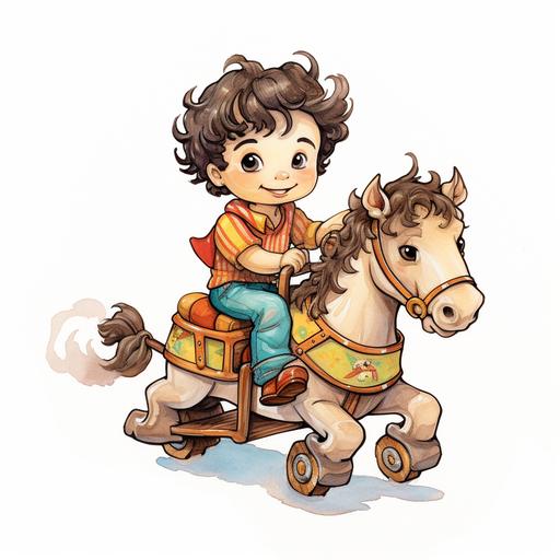 toddler with curly brown hair cowboy riding a toy horse vibrant color, thick lines, simple drawing