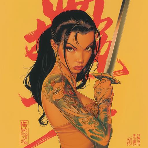 tattooed Mulan with a sword in hand extended with tip of sword at eye level pointed at the viewer Adam Hghes pin up comic book style wizard magazine illustration circa 2003