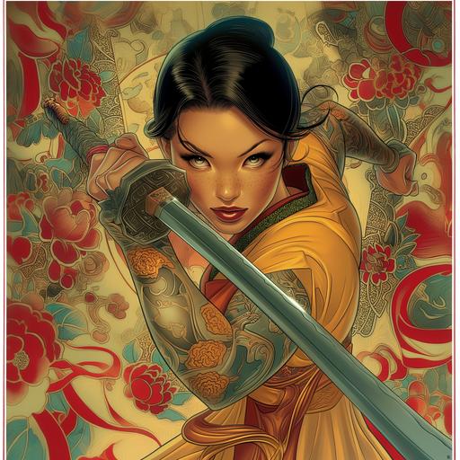 tattooed Mulan with a sword in hand extended with tip of sword at eye level pointed at the viewer Adam Hghes pin up comic book style wizard magazine illustration circa 2003