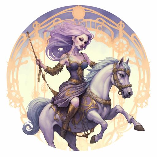 tattooed girl with purple hair riding a merry go round horse with a purple gold and white color scheme