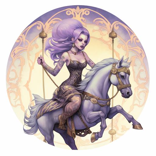 tattooed girl with purple hair riding a merry go round horse with a purple gold and white color scheme